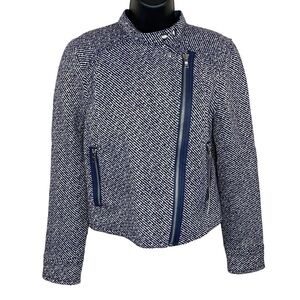 Small New Gap Wool Tweed Blue White Moto Coat Jacket Zip Closure Long Sleeve